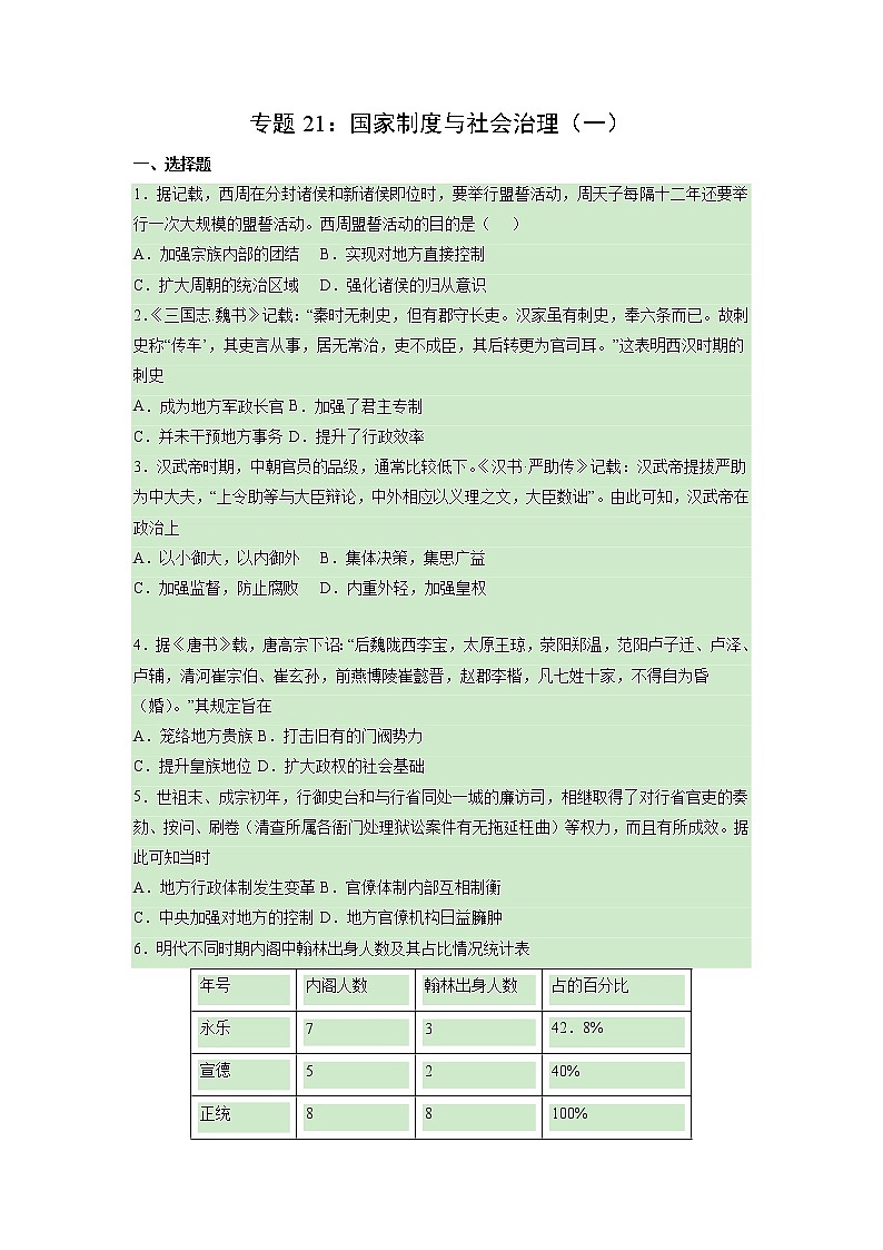 【高考专题复习】高考历史专题复习-专题21《国家制度与社会治理（一）》典例卷（含解析）（新教材新高考）01