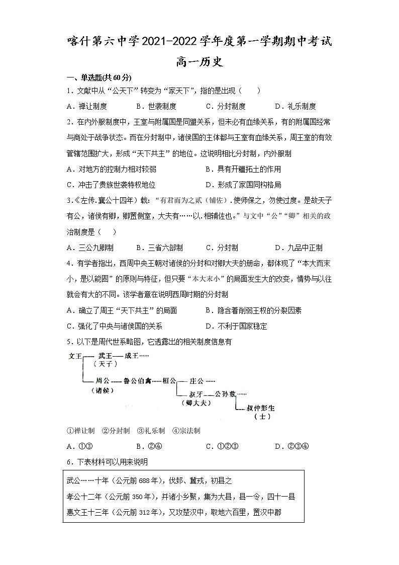 2022喀什六中高一上学期期中考试历史试题含答案01