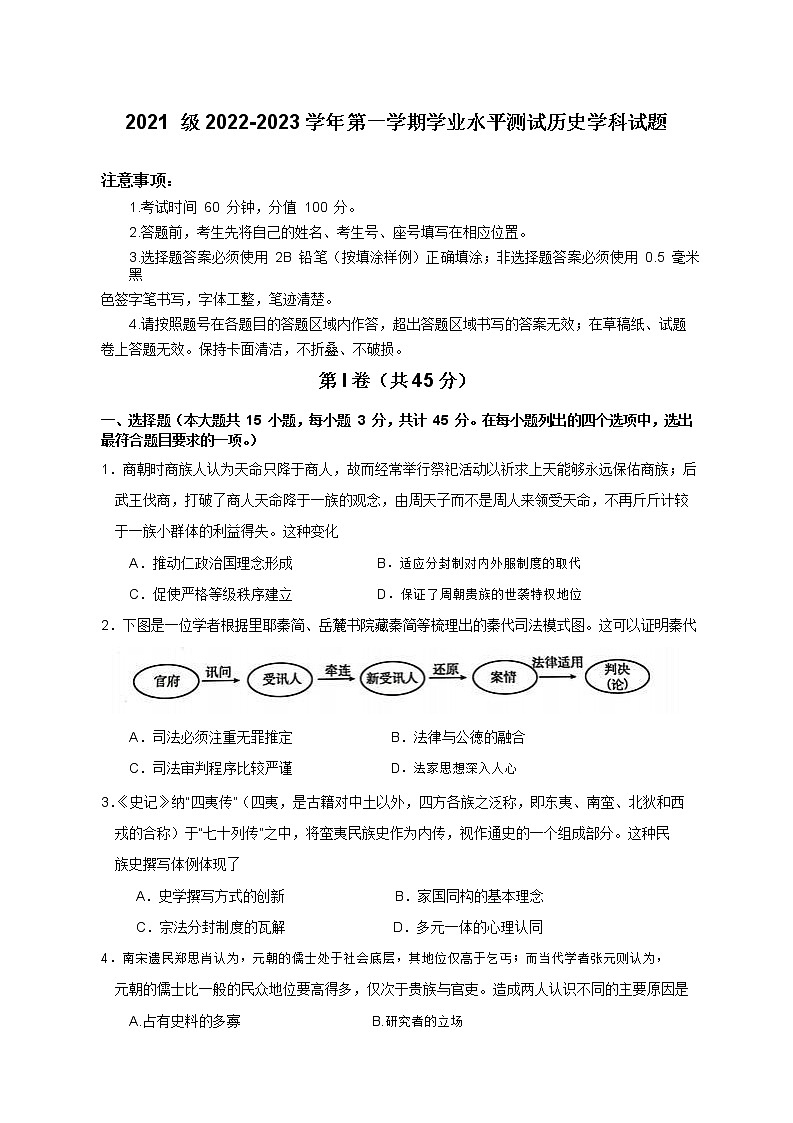 山东师范大学附属中学2022-2023学年高二上学期期中学业水平测试历史试卷第1页