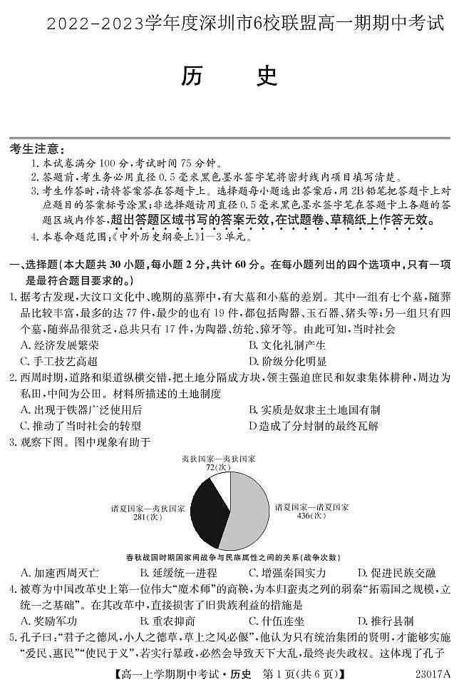 2022-2023深圳6校联盟高一上学期期中（11月）历史试题PDF版含答案01