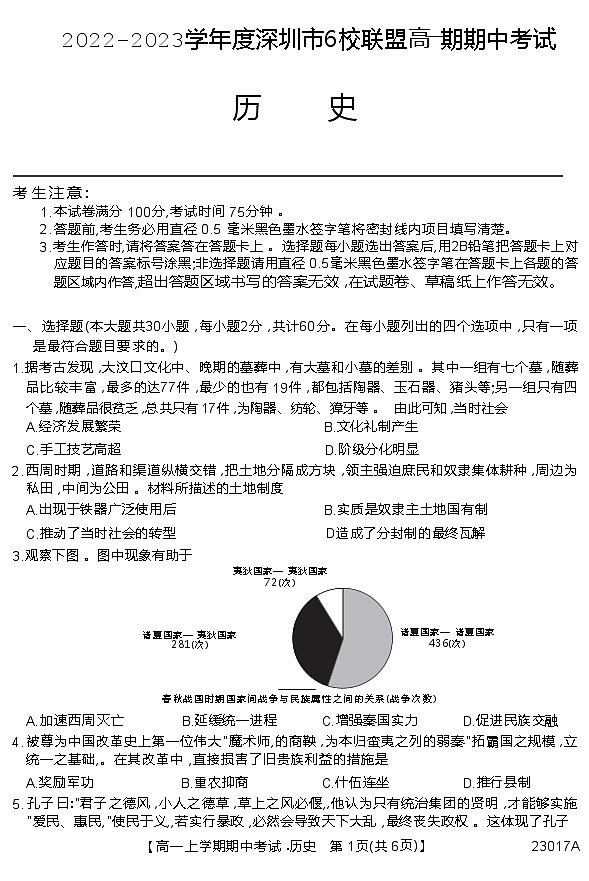 广东省深圳市六校联盟2022-2023学年高一上学期期中考试历史试题01