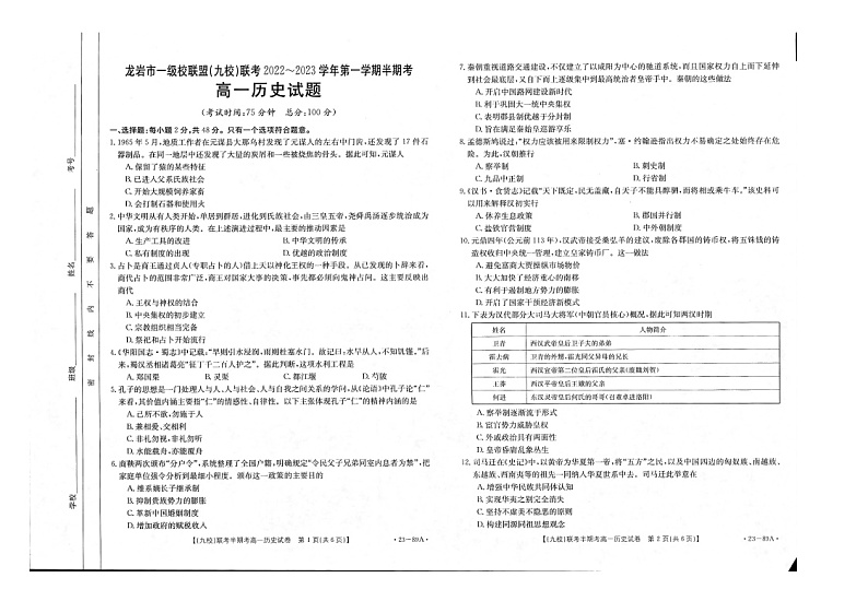 2023龙岩一级联盟（九校）联考高一上学期期中考试历史图片版含答案第1页