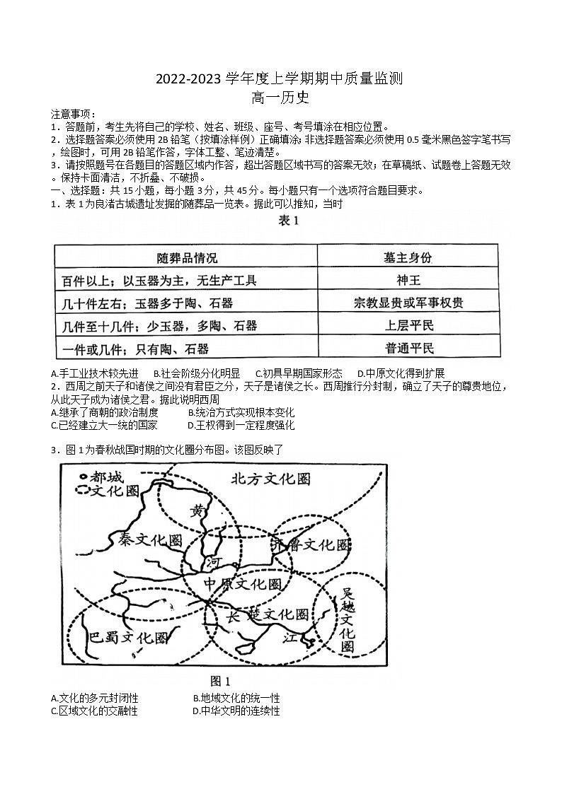 山东省潍坊市2022-2023学年高一上学期期中质量监测历史试题01