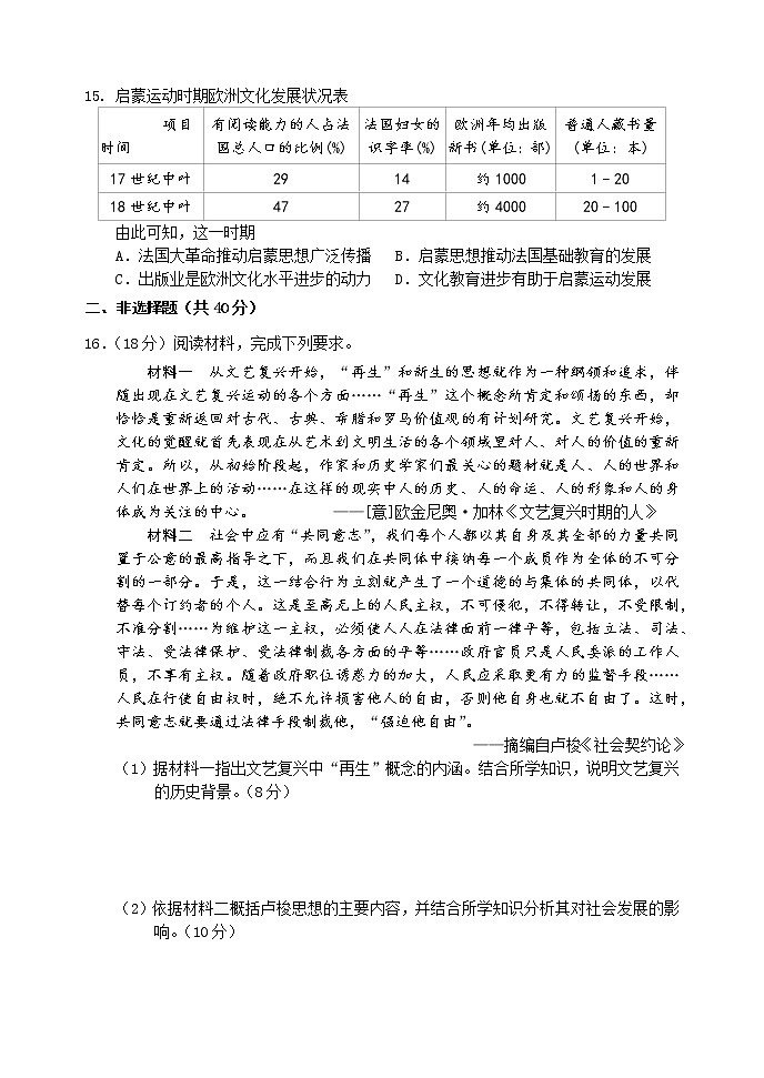 2022南充阆中中学校高二上学期第三学月教学质量检测历史试题含答案03