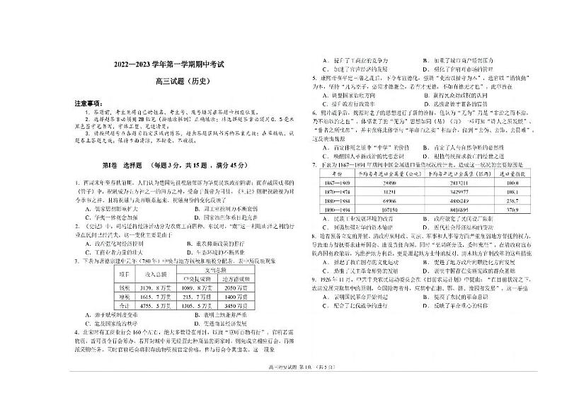 2023青岛二中高三上学期11月期中考试历史试题PDF版无答案01