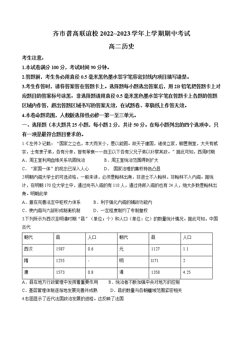 黑龙江省齐齐哈尔市普高联谊校2022-2023学年高二上学期期中考试历史试题01