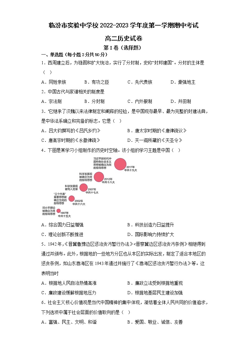 山西省临汾市实验中学校2022-2023学年高二上期期中考试历史试卷第1页