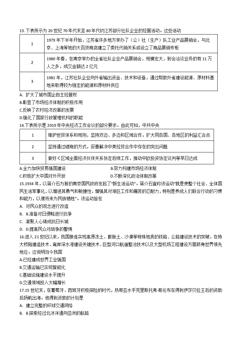 青海省海东市2021-2022学年高一下学期期末考试历史试题03