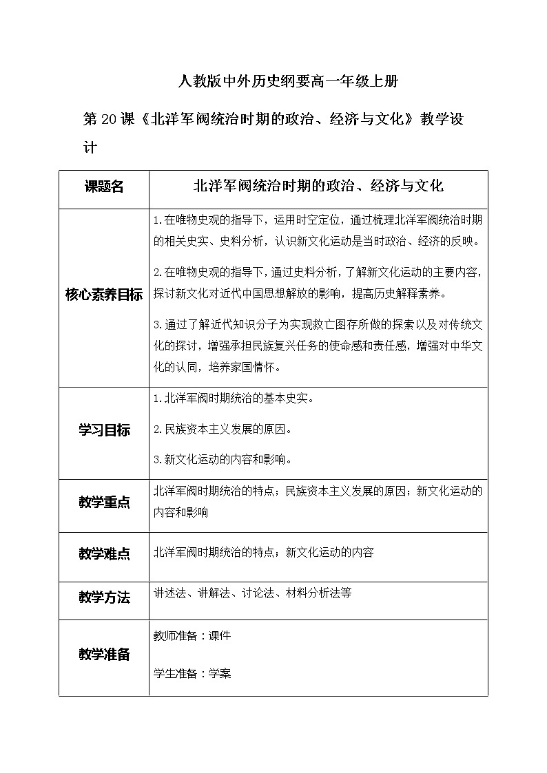 第20课《北洋军阀统治时期的政治、经济与文化》课件+教案+同步练习01