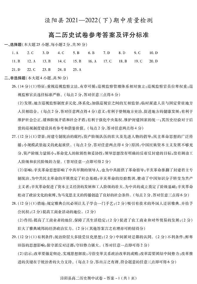 陕西省咸阳市泾阳县2021-2022学年高二下学期期中质量检测历史试题扫描版含答案01