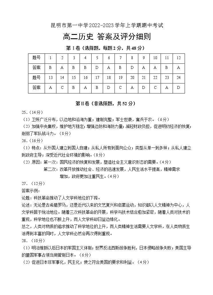 云南省昆明市第一中学2022-2023学年高二上学期期中考试历史答案第1页