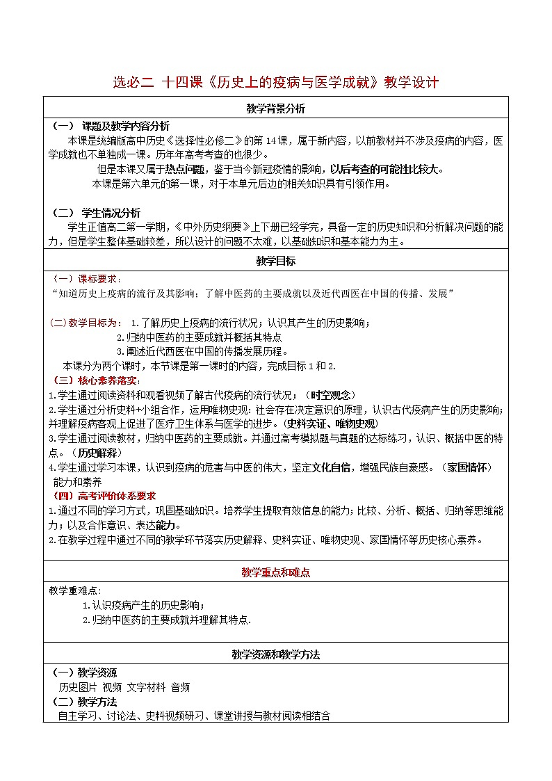 第14课 历史上的疫病与医学成就 教学设计01