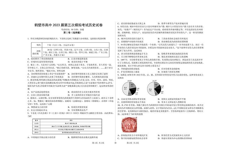 河南省鹤壁市高中2022-2023学年高三上学期第三次模拟考试历史试题第1页
