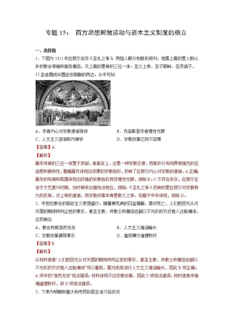 【备战2023高考】历史考点全复习——专题15《西方思想解放运动与资本主义制度的确立》精选题（含解析）（新教材新高考专用）01