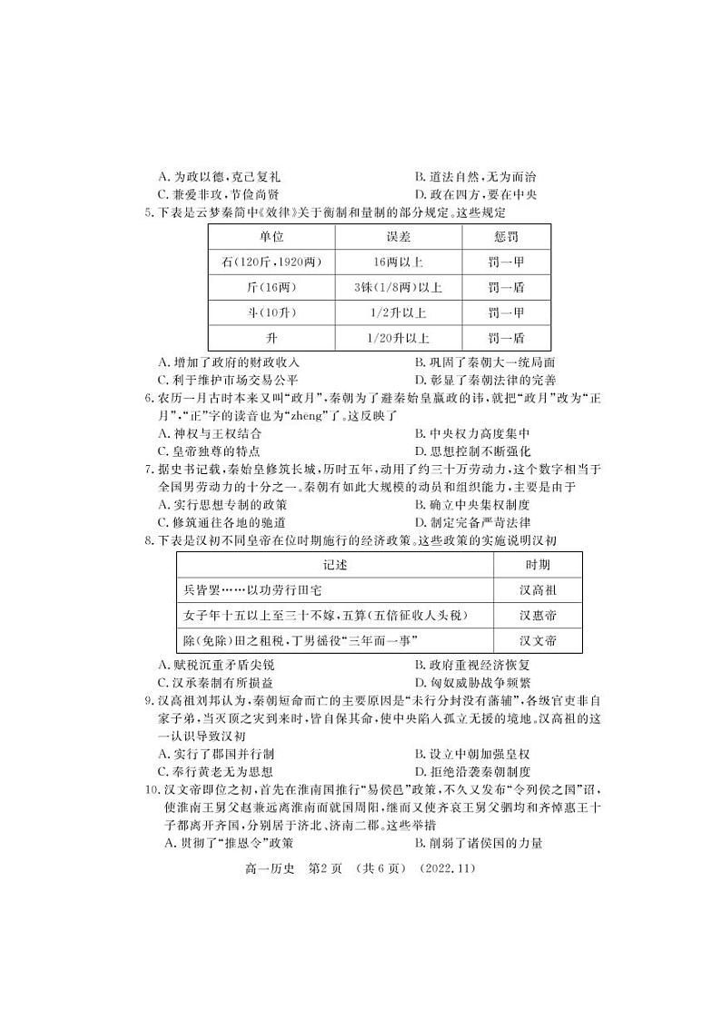 2022-2023洛阳市高一上学期期中历史试卷及答案02