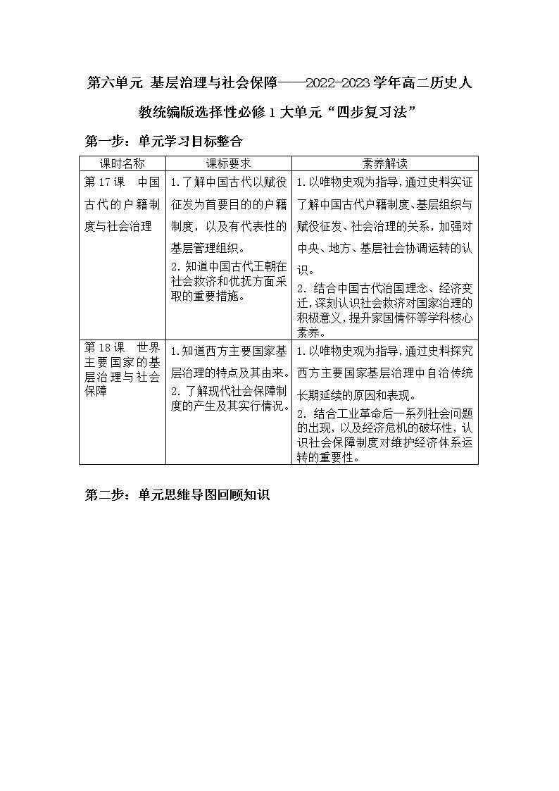 第六单元 基层治理与社会保障 大单元“四步复习法”学案--2022-2023学年高中历史统编版2019选择性必修一01