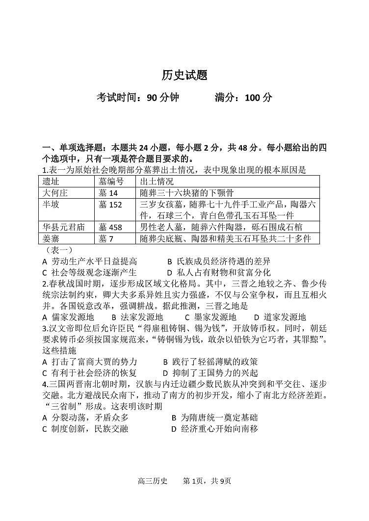 辽宁省六校协作体2022-2023学年高三上学期10月联考历史试题01