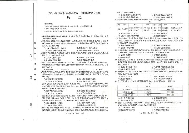 2023山西省名校高一上学期期中联合考试历史试题PDF版含答案01