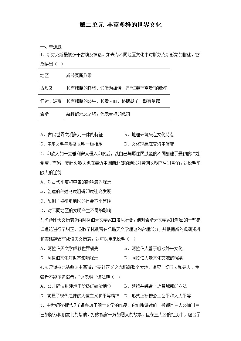 第二单元 丰富多样的世界文化 单元训练--2022-2023学年高中历史统编版（2019）选择性必修三第1页
