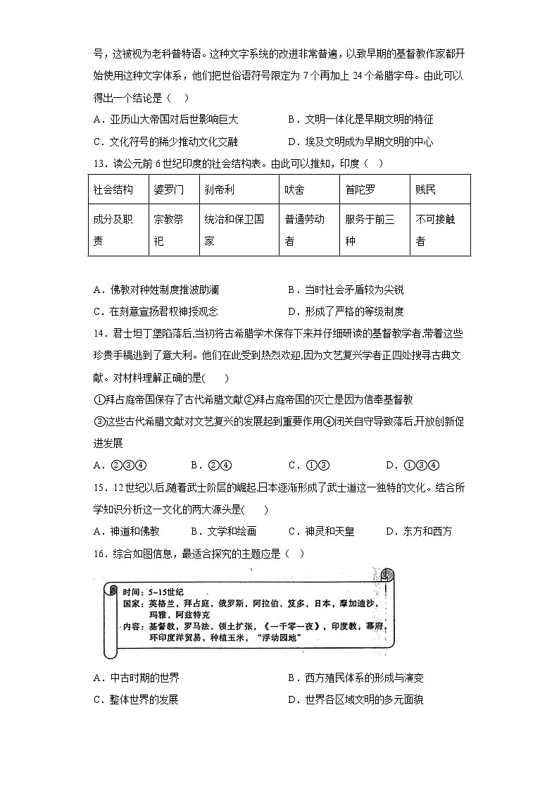 第二单元 丰富多样的世界文化 单元训练--2022-2023学年高中历史统编版（2019）选择性必修三第3页