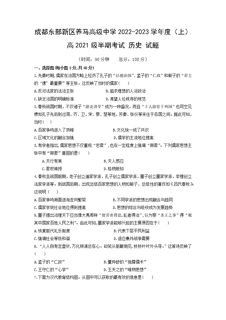 四川省成都东部新区养马高级中学2022-2023学年高二上学期期中考试历史试题第1页