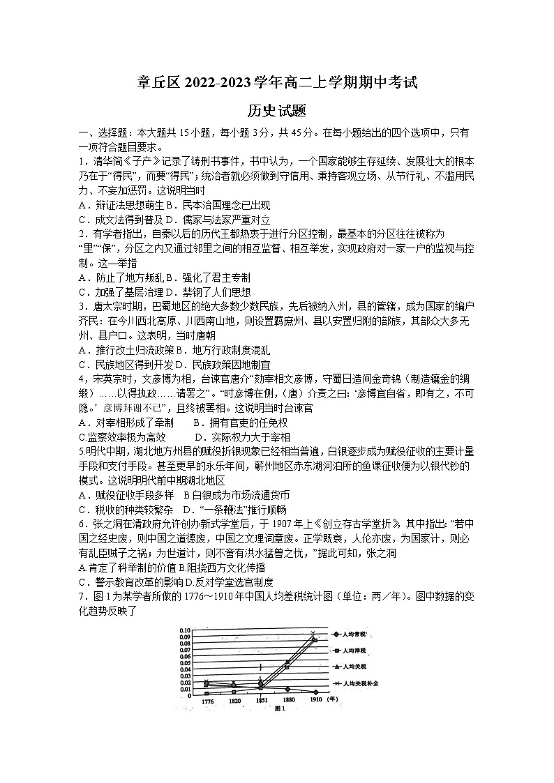 山东省济南市章丘区2022-2023学年高二历史上学期期中考试试题（Word版附答案）第1页