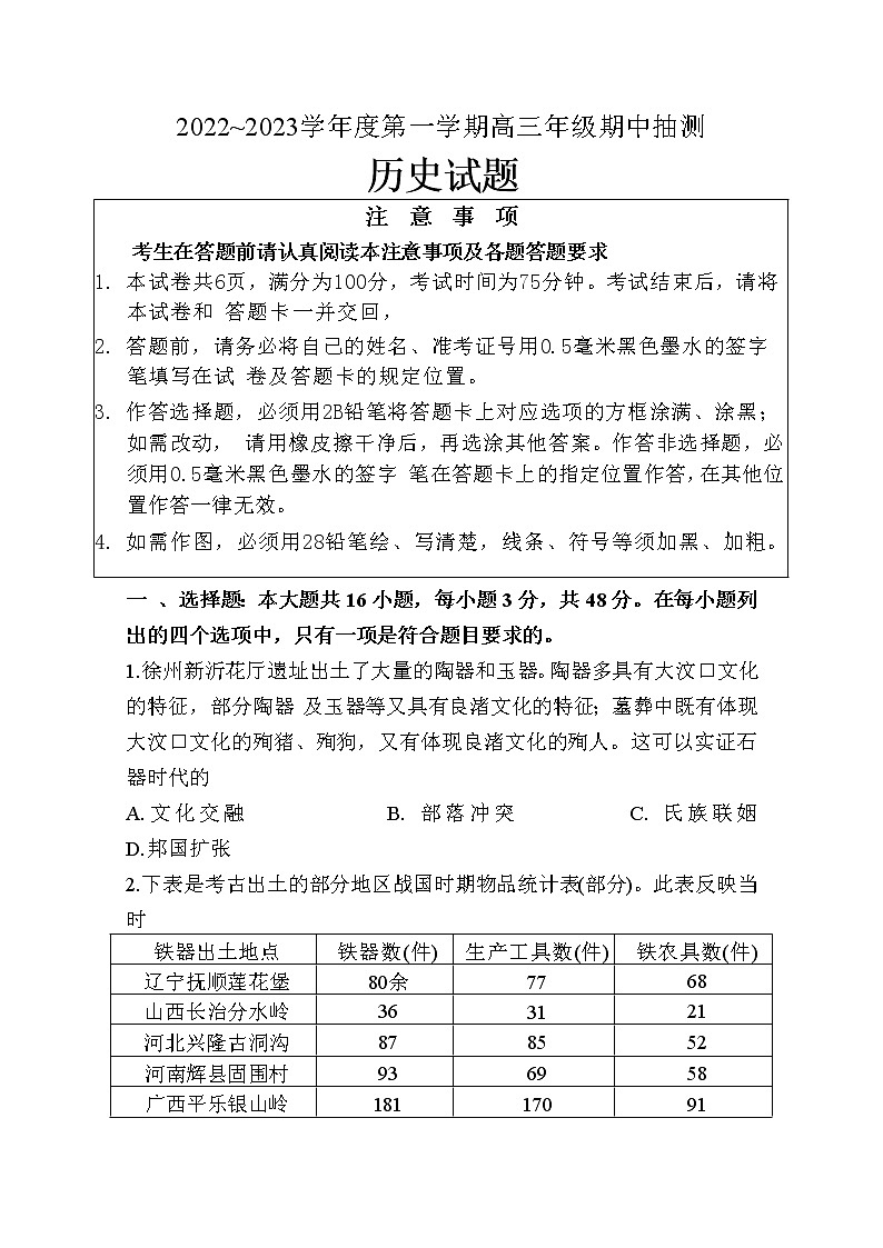 江苏省徐州市2022-2023学年高三历史上学期11月期中抽测试题（Word版附答案）01