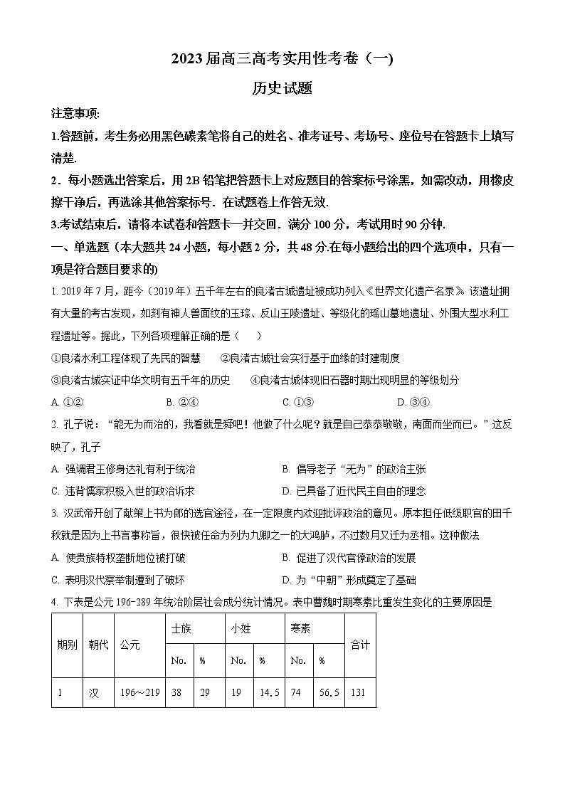 新疆维吾尔自治区喀什第六中学2022-2023学年高三上学期9月实用性月考（一）历史试题无答案第1页