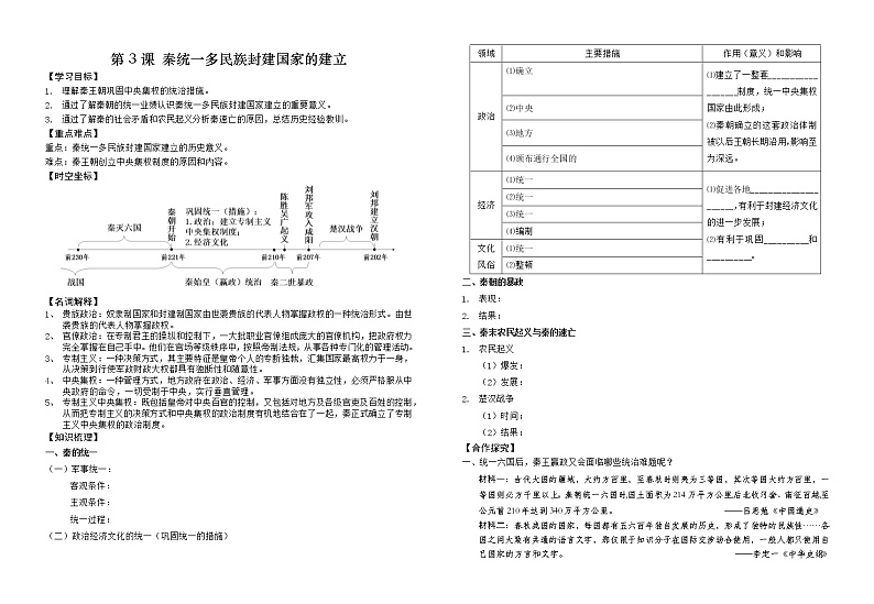 2022-2023学年高中历史统编版2019必修中外历史纲要上册第3课　秦统一多民族封建国家的建立 导学案01