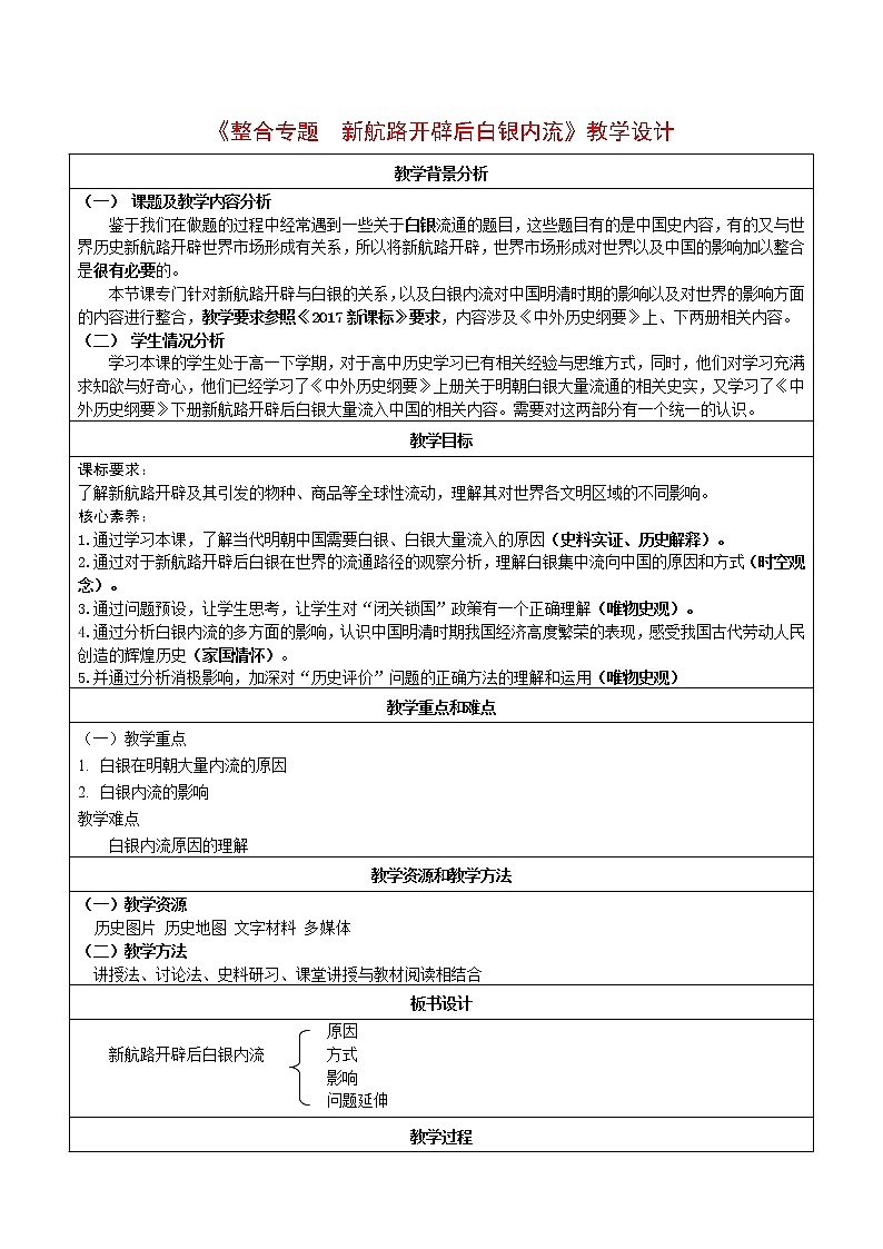 必修上下整合-新航路开辟后白银大量流入中国教案第1页