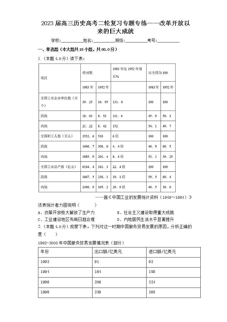 2023届高三历史高考二轮复习专题专练：改革开放以来的巨大成就第1页