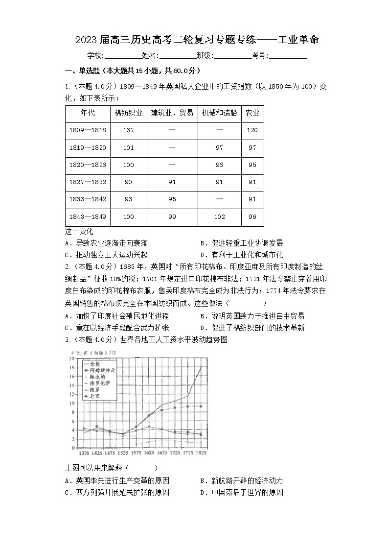 2023届高三历史高考二轮复习专题专练：工业革命第1页
