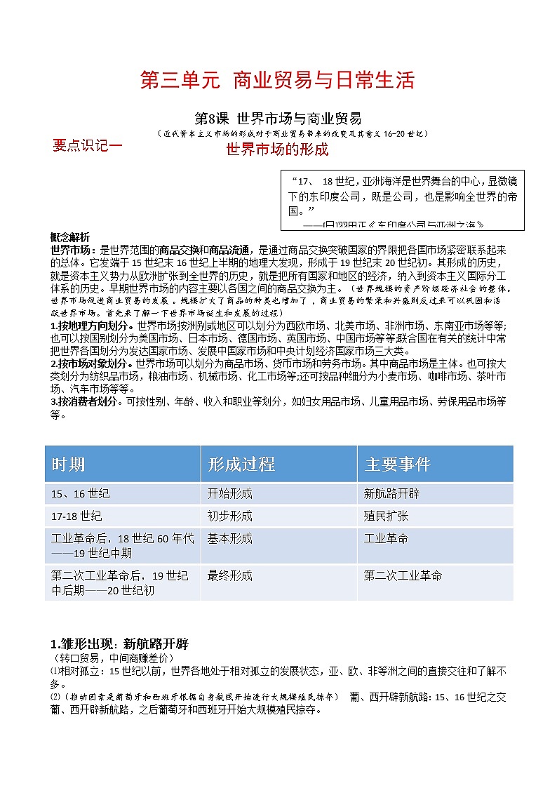 第8课 世界市场与商业贸易提纲--2022-2023学年高中历史统编版（2019）选择性必修二第1页