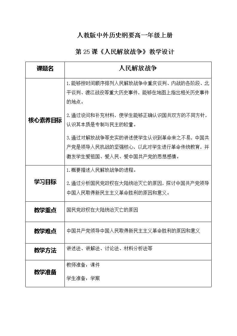 第25课《人民解放战争》教学设计--2022-2023学年高中历史统编版（2019）必修中外历史纲要上册01