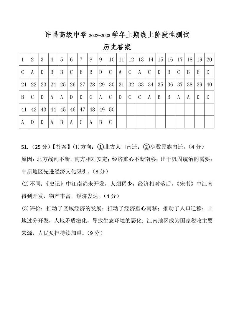 河南省许昌高级中学2022-2023学年高一上学期线上阶段性测试历史答案第1页