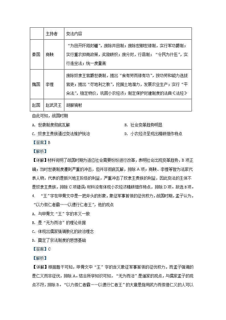 湖南省长郡中学2021-2022学年高一历史上学期期末试题（Word版附解析）02