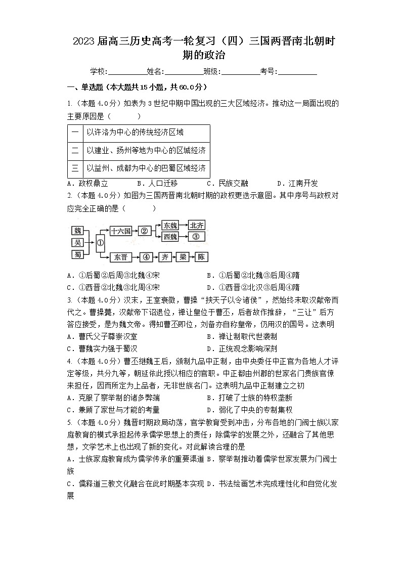 三国两晋南北朝时期的政治 训练题--2023届高三统编版历史一轮复习第1页