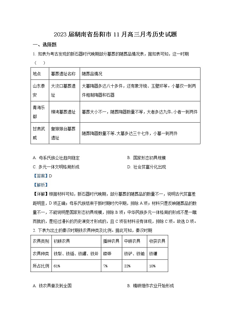 湖南省岳阳市2023届高三历史上学期11月月考试题（Word版附解析）第1页