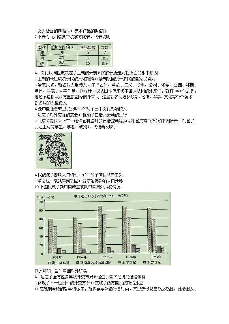 湖南师范大学附属中学2022-2023学年高三历史上学期月考（四）试题（Word版附解析）02