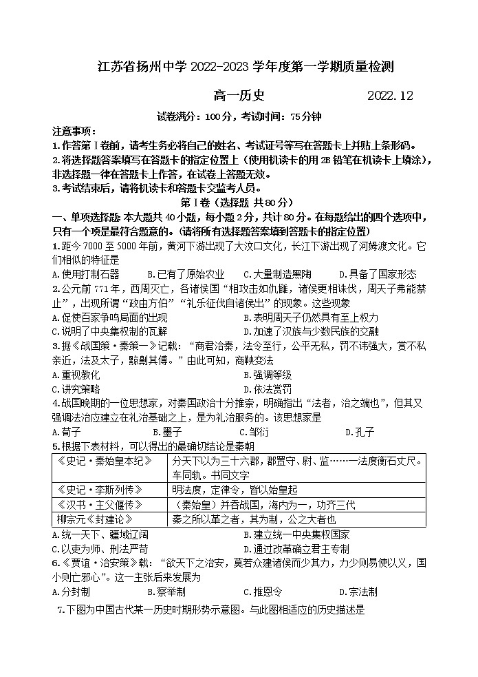 2023扬州中学高一上学期12月月考试题历史含答案01