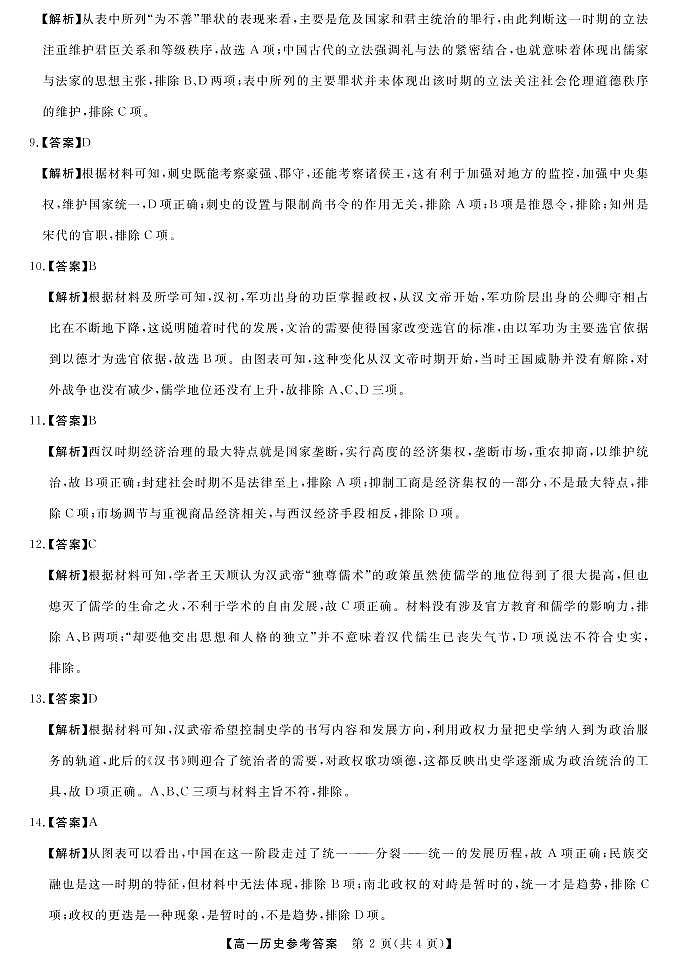 湖南省天壹名校联盟·2022年10月高一联考历史答案第2页