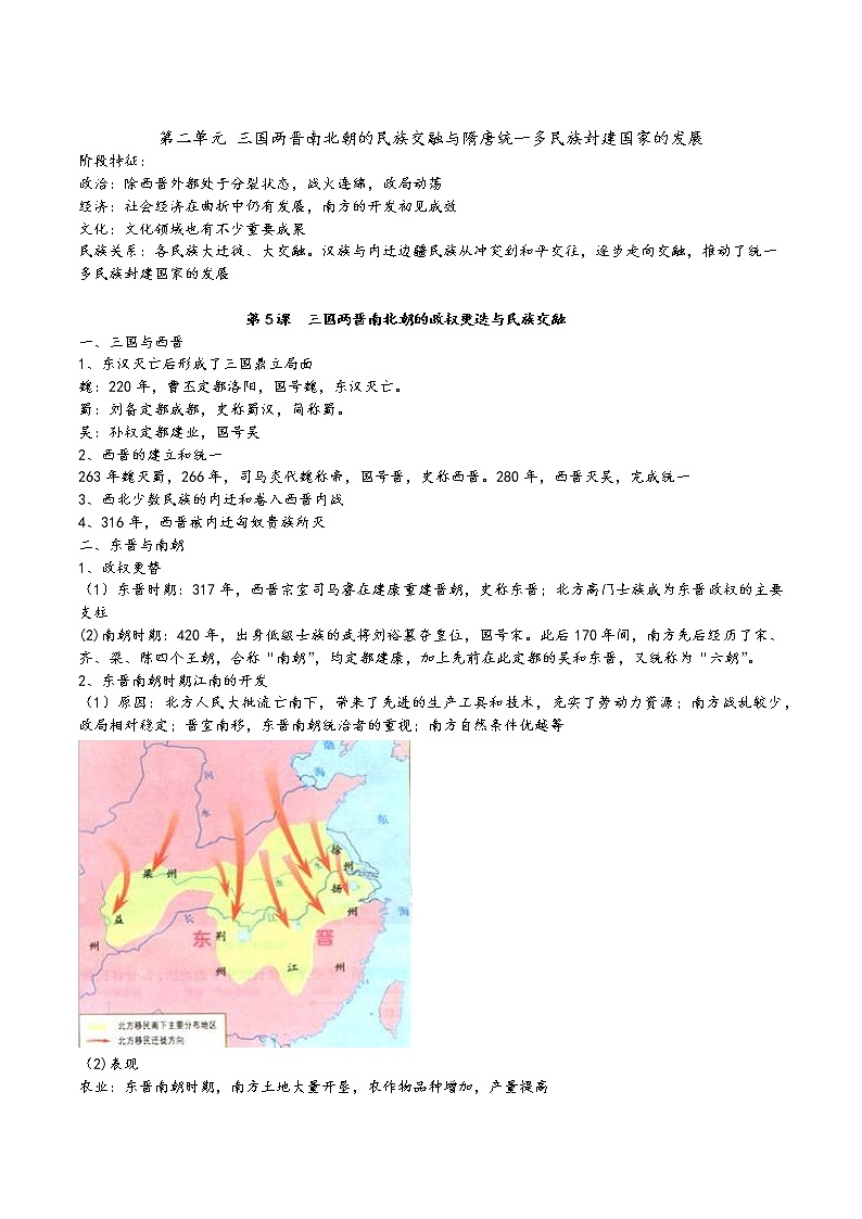 第二单元 三国两晋南北朝的民族交融与隋唐统一多民族封建国家的发展 复习提纲--2022-2023学年高中历史统编版（2019）必修中外历史纲要上册第1页