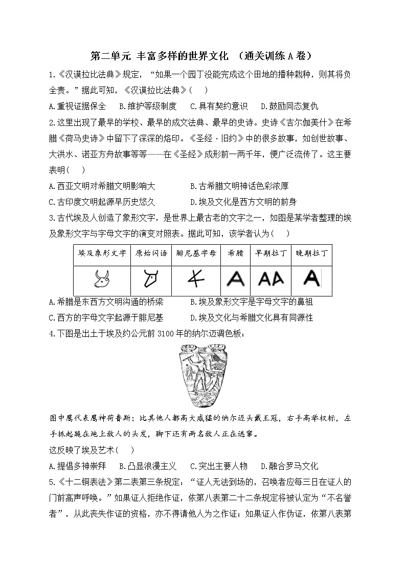 第二单元丰富多样的世界文化（通关训练A卷）--2023届高三统编版（2019）高中历史选择性必修3一轮复习第1页