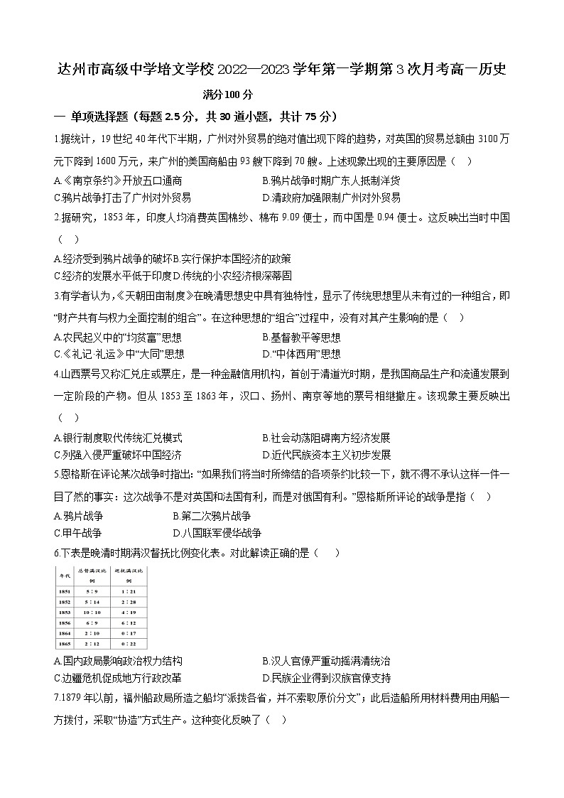 四川省达州市高级中学培文学校2022—2023学年高一上学期第3次月考历史试题01