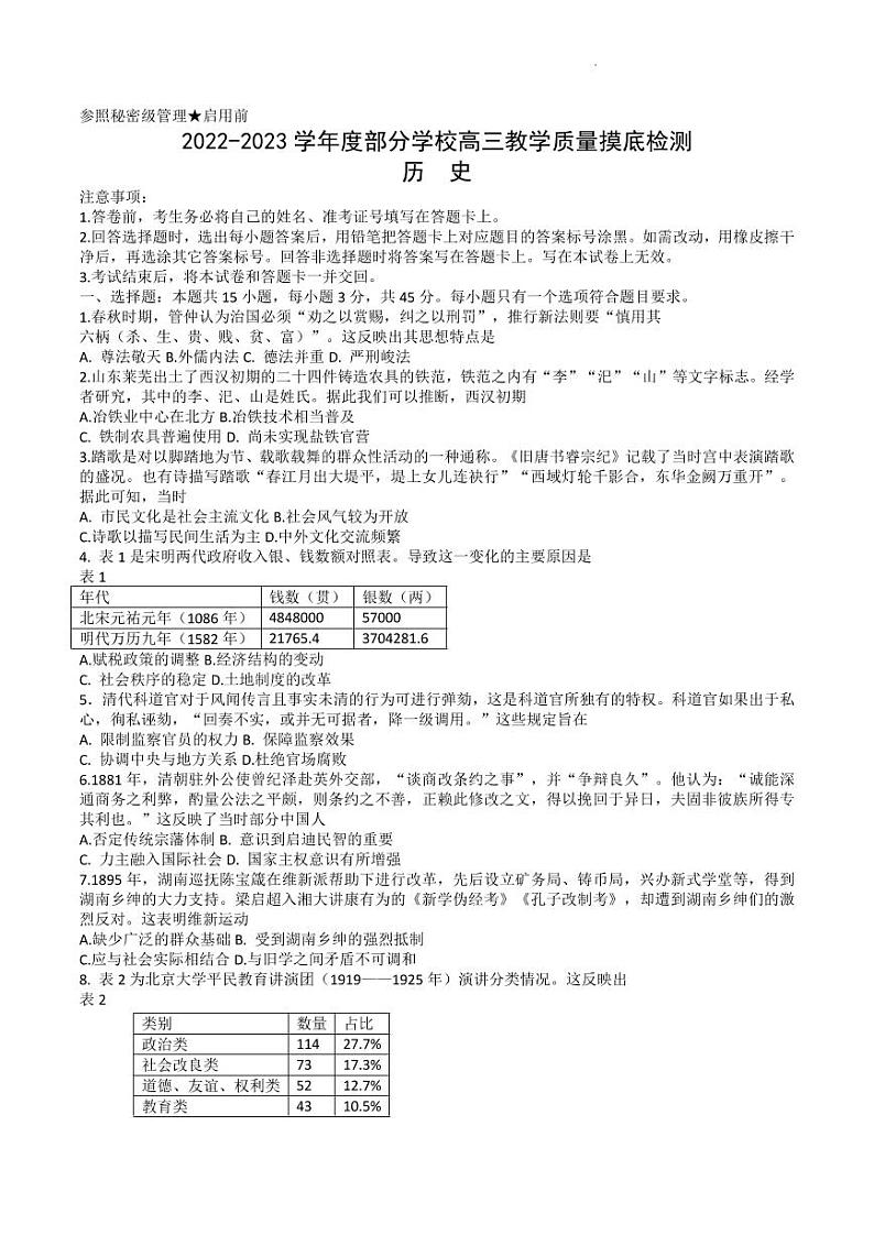 山东省淄博市部分学校2022-2023学年高三上学期12月摸底考试历史试题第1页