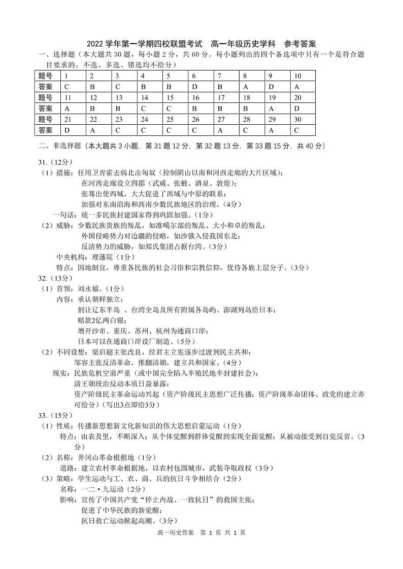2023浙江省缙云中学等四校高一上学期12月联考历史试卷PDF版含答案01
