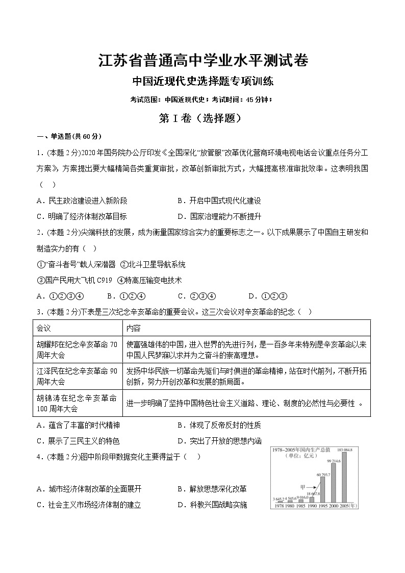 江苏省2022-2023学年普通高中学业水平测试中国近现代史选择题专项训练01