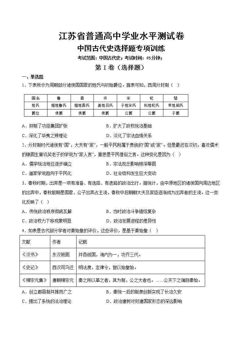 江苏省2022-2023学年普通高中学业水平测试中国古代史选择题专项训练01