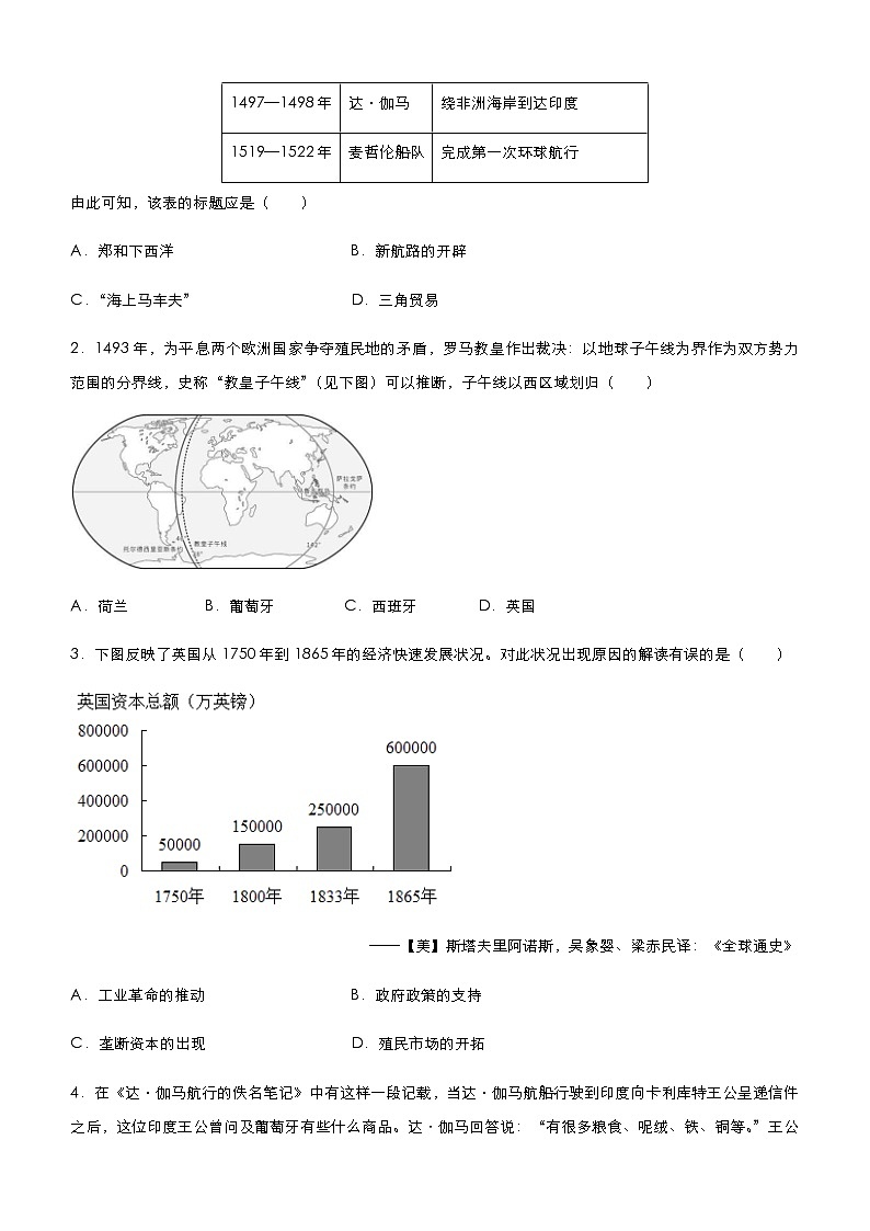 高中历史 （新高考）2021届小题必练11 资本主义世界市场的形成和发展 学生版02