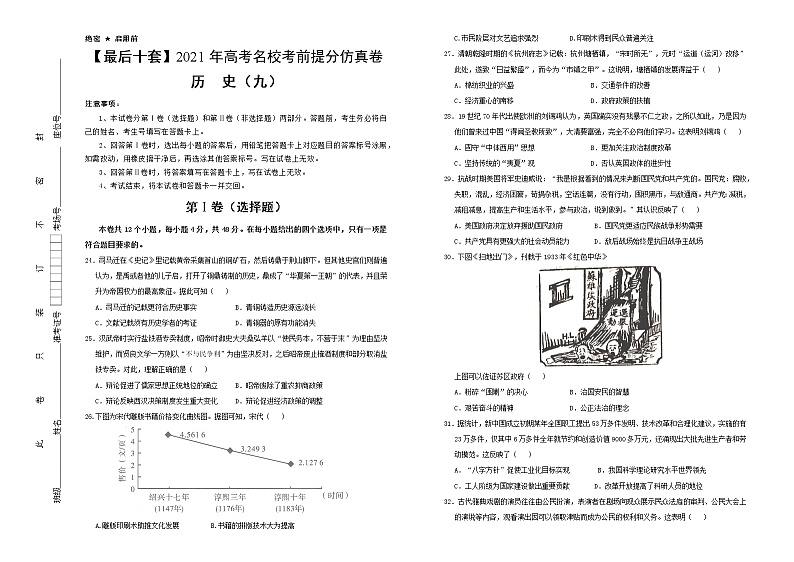 高中历史 【最后十套】2021年高考名校考前提分仿真卷 历史（九） 学生版第1页
